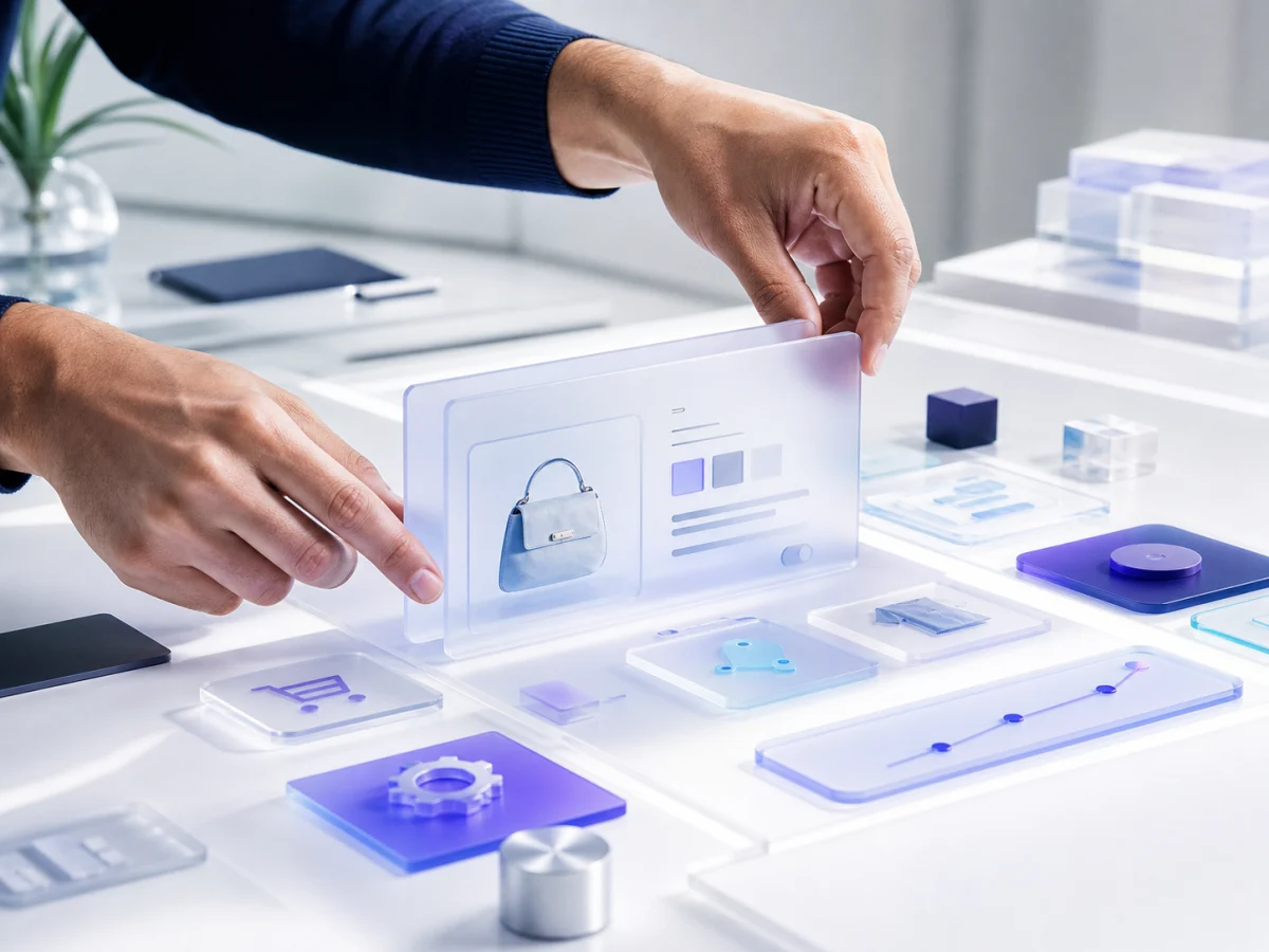 Hands assembling custom ecommerce interface components in a bright studio