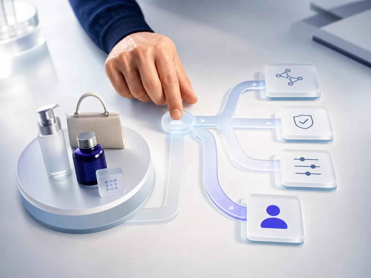 A hand guiding custom AI decision paths around ecommerce products and brand rules